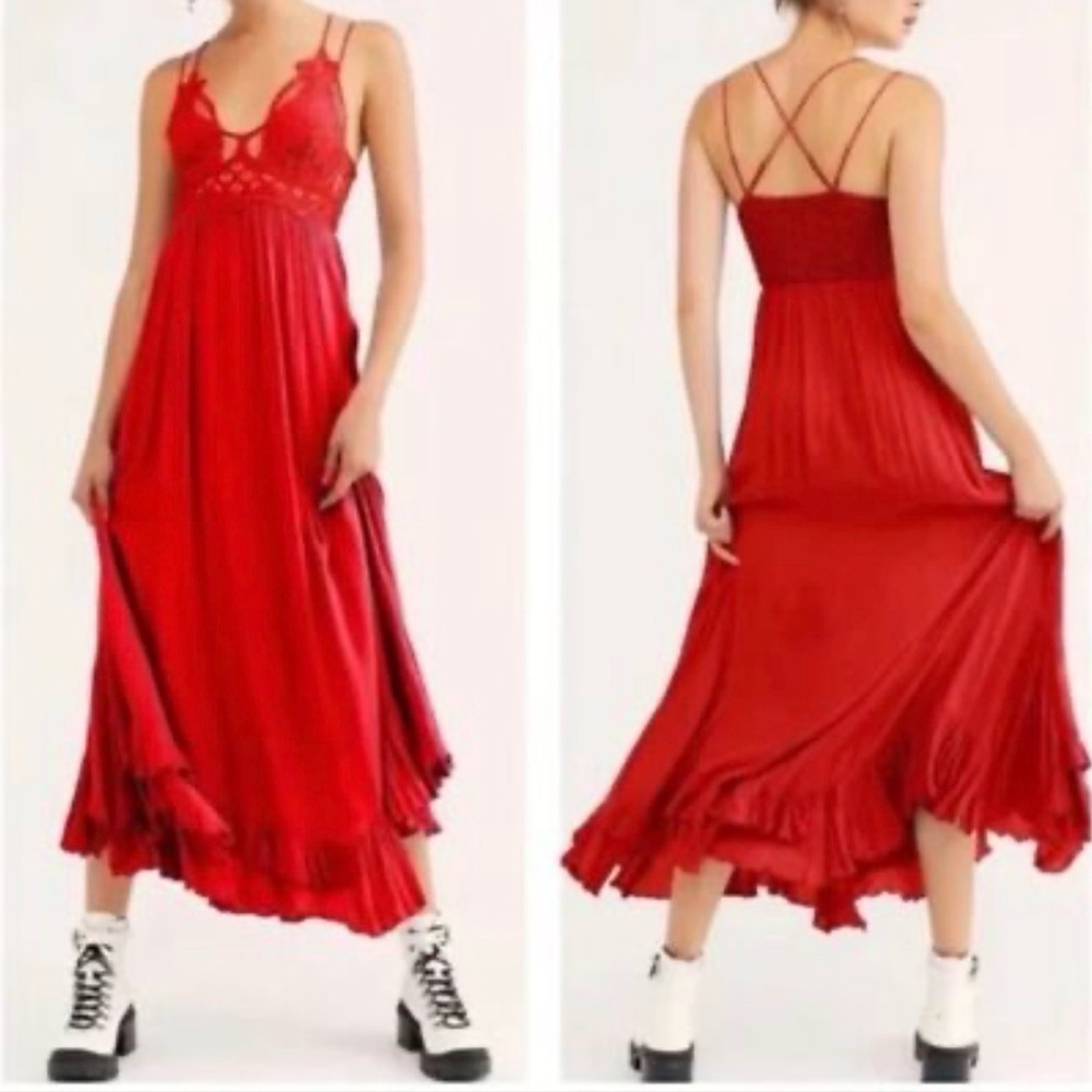 Free People Like New Adella Crochet Lace Ruffle Maxi Slip Full Length Red Dress - Picture 8 of 17